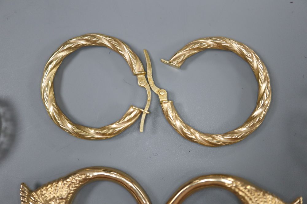 A pair of 9ct gold Greek Key pattern half-hoop earrings and five other pairs of 9ct gold earrings,
